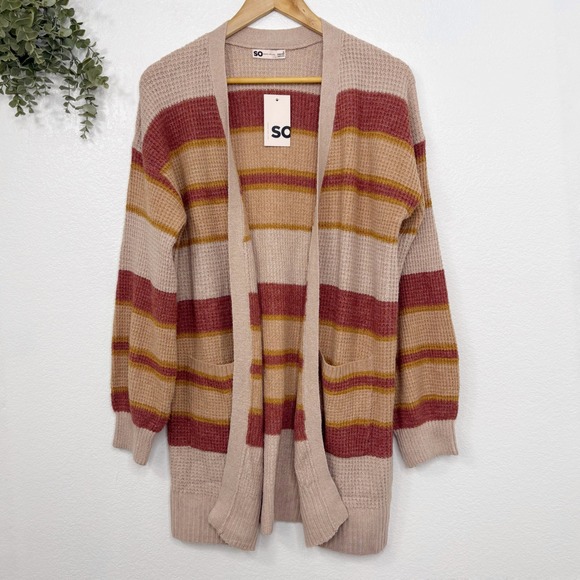 NWT SO Beige Tan Marl Striped Waffle Stitch Long Sleeve Cardigan Sweater S - Picture 1 of 5
